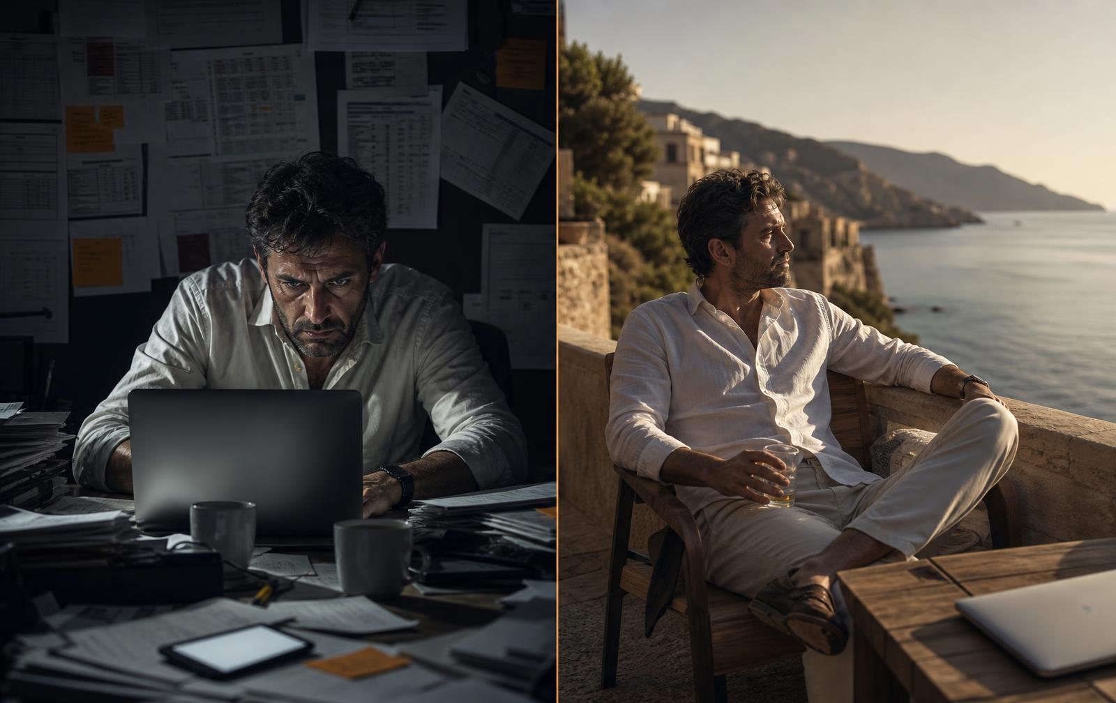 The same business owner overwhelmed by paperwork late at night